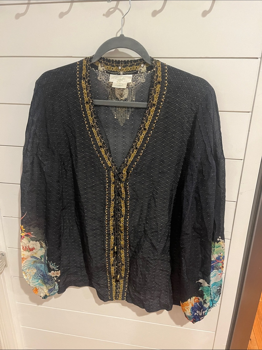 Camilla Black blouse with Gold Trim and Floral Sleeves small 100% silk